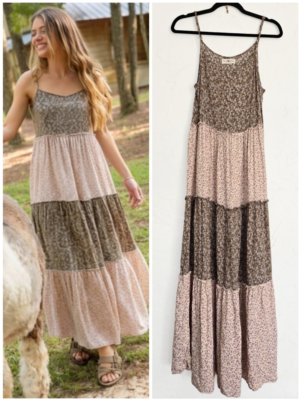 Natural Life Boho Floral Tiered Cream Green Kaia Dress L/XL